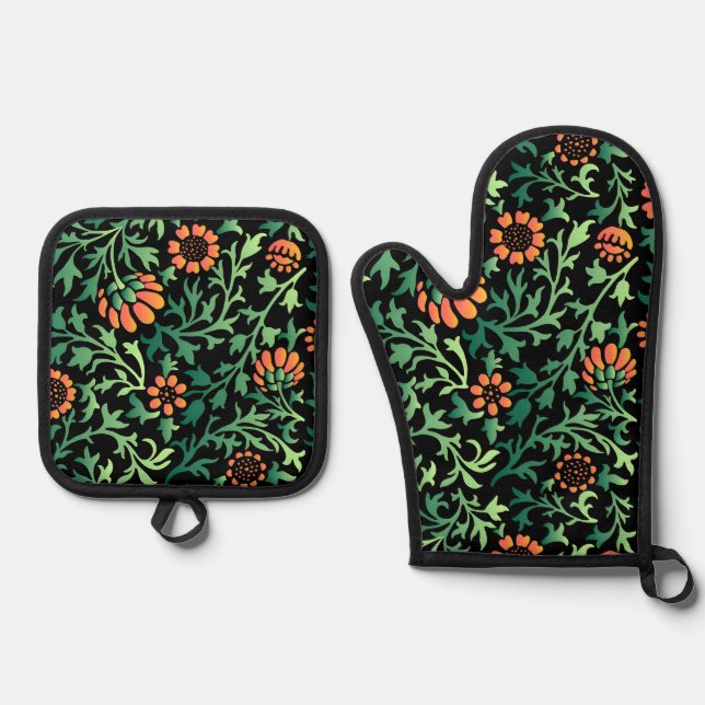 Intricate Floral Pattern with Green Leaves Oven Mitt & Pot Holder Set (Front)