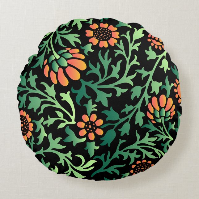 Intricate Floral Pattern with Green Leaves Round Cushion (Front)