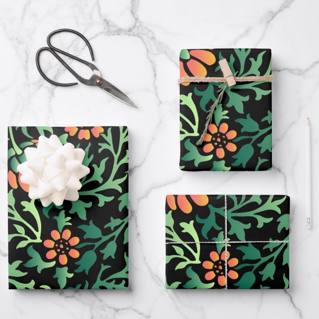 Intricate Floral Pattern with Green Leaves Wrapping Paper Sheet (Front)