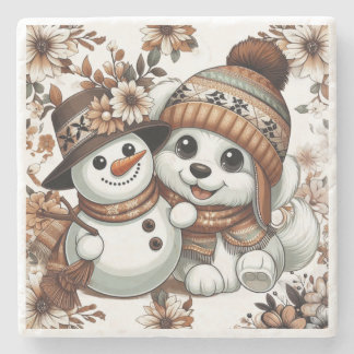 Intricate Floral Winter Wonderland: Adorable Dog Stone Coaster