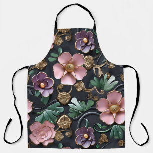Intricate Flowers on Black  Apron