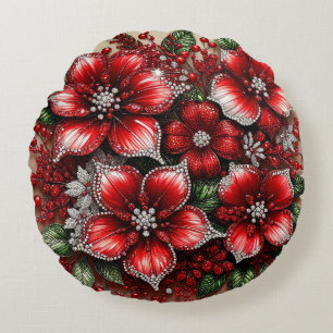 Intricate Gem Embellished Floral Design Round Cushion