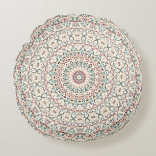 Intricate Geometric Mandala in Teal, Rose, & Sand Round Cushion