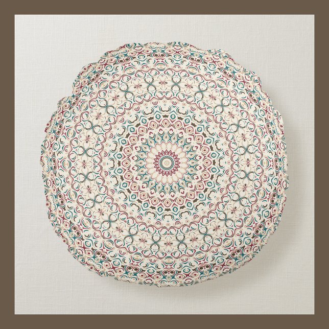 Intricate Geometric Mandala in Teal, Rose, & Sand Round Cushion (Creator Uploaded)