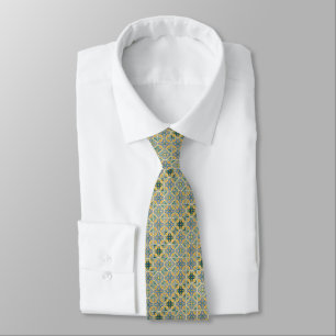 Intricate geometric pattern with blue, yellow tie
