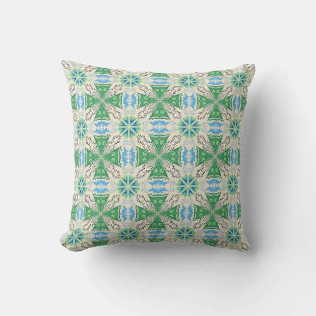 Intricate geometric pattern with green and beige  cushion (Front)