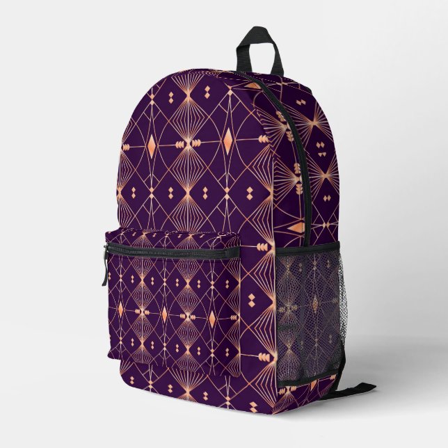Intricate geometric pattern with orange lines printed backpack (Back Corner Right)