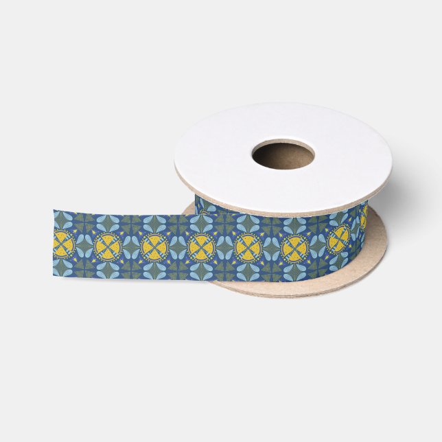 Intricate geometric pattern with yellow circles satin ribbon (Spool)