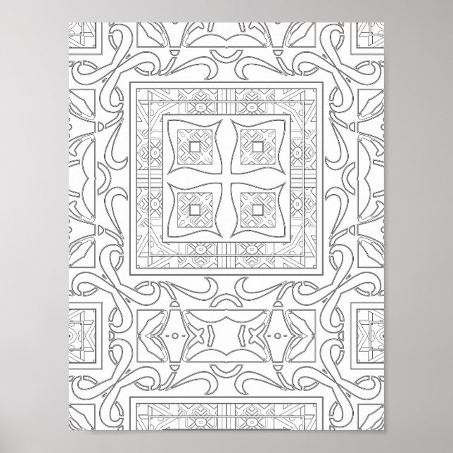 Intricate Geometric Scrollwork Tile Mandala Art Poster (Front)