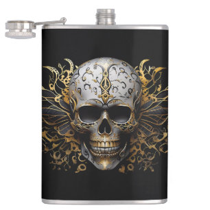 Intricate Gold Smiling Tribal Skull Hip Flask