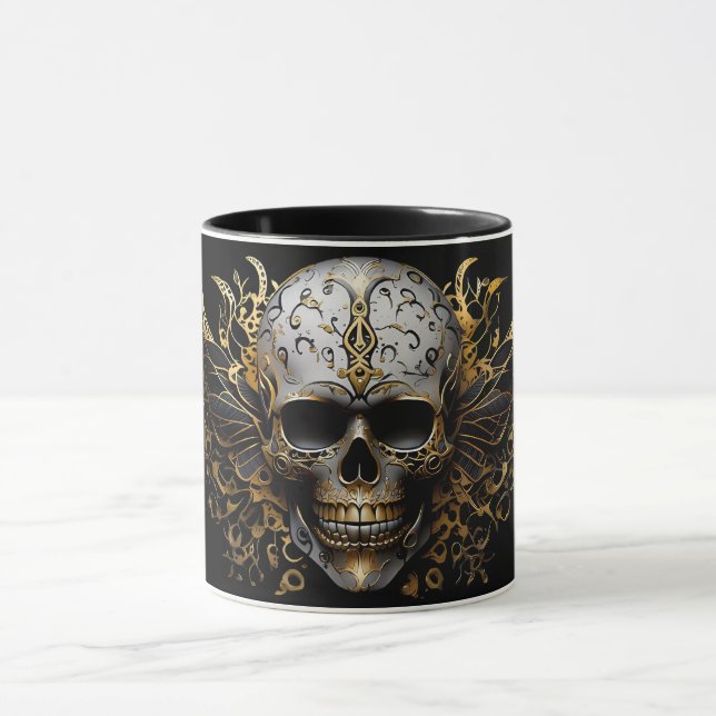  Intricate Gold Smiling Tribal Skull Mug (Center)