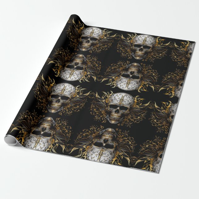  Intricate Gold Smiling Tribal Skull Wrapping Paper (Unrolled)