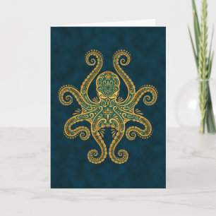Intricate Golden Blue Octopus Card