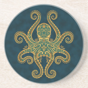 Intricate Golden Blue Octopus Coaster