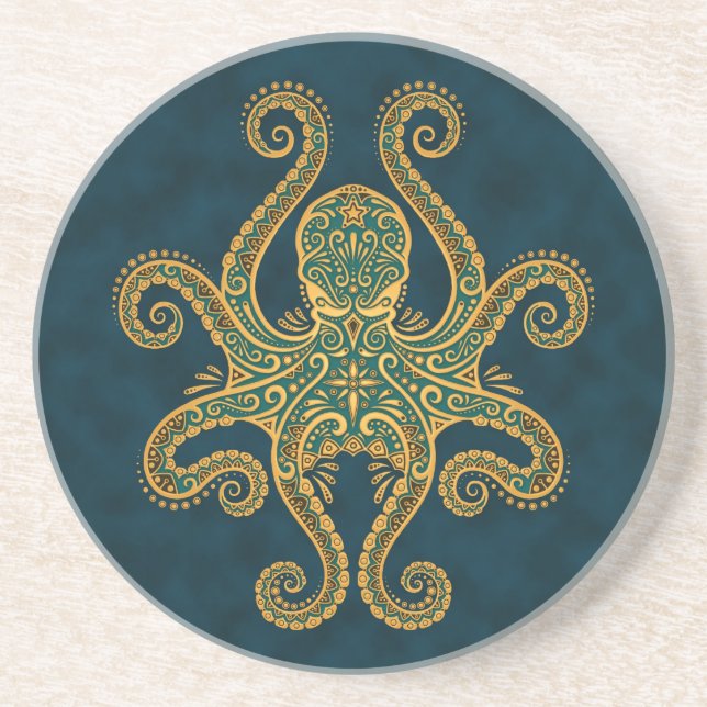 Intricate Golden Blue Octopus Coaster (Front)