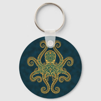 Intricate Golden Blue Octopus Key Ring