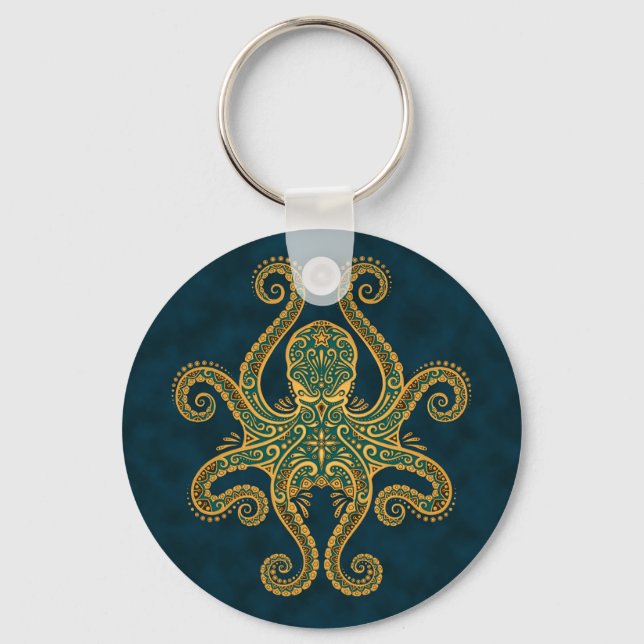 Intricate Golden Blue Octopus Key Ring (Front)