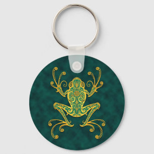 Intricate Golden Blue Tree Frog Key Ring