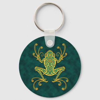 Intricate Golden Blue Tree Frog Key Ring