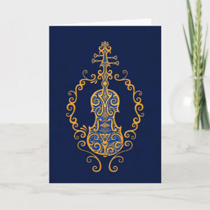 Intricate Golden Blue Violin Design Card