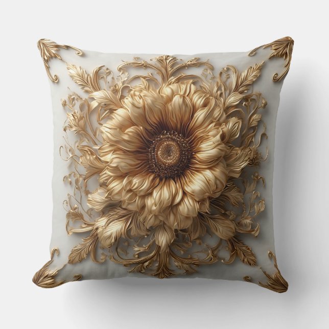Intricate Golden Embellished Floral Relief Cushion (Front)