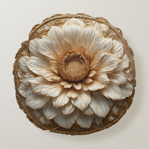 Intricate Golden Embellished Floral Relief Round Cushion