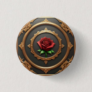 Intricate Golden Frame with Red Rose 3 Cm Round Badge