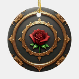 Intricate Golden Frame with Red Rose Ceramic Ornament