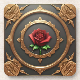 Intricate Golden Frame with Red Rose Coaster