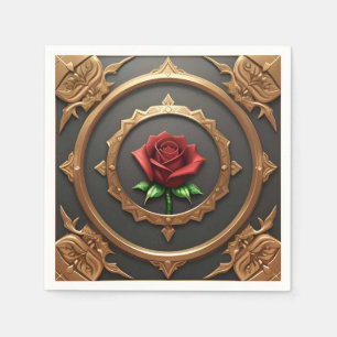 Intricate Golden Frame with Red Rose Napkin