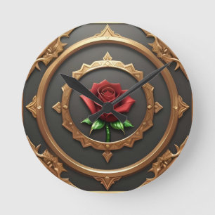 Intricate Golden Frame with Red Rose Round Clock