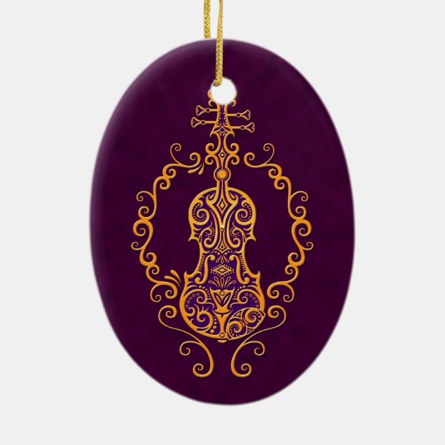 Intricate Golden Purple Violin Design Ceramic Tree Decoration (Back)