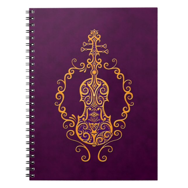 Intricate Golden Purple Violin Design Notebook (Front)