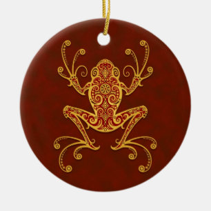 Intricate Golden Red Tree Frog Ceramic Tree Decoration