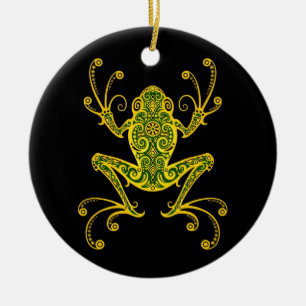 Intricate Green and Black Tree Frog Ceramic Ornament