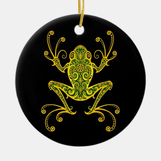 Intricate Green and Black Tree Frog Ceramic Ornament (Front)