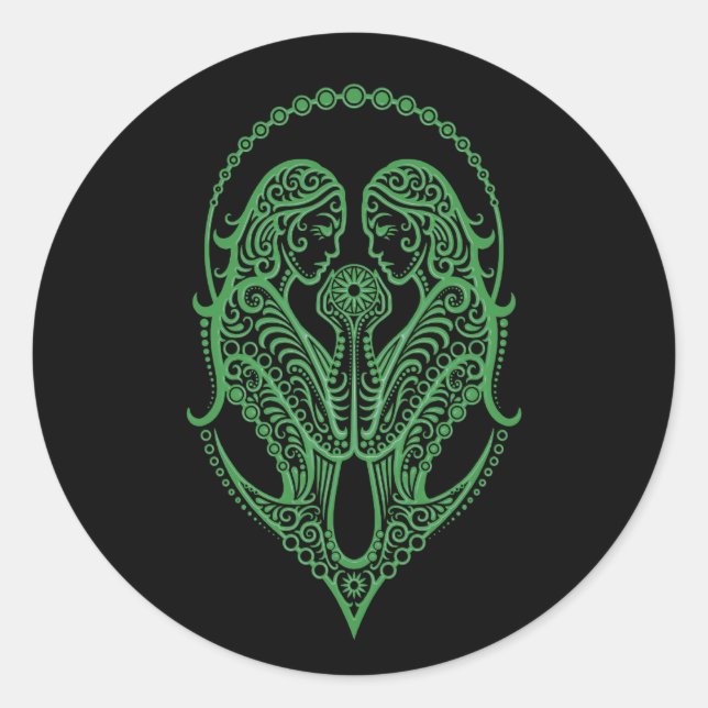 Intricate Green Gemini Zodiac on Black Classic Round Sticker (Front)