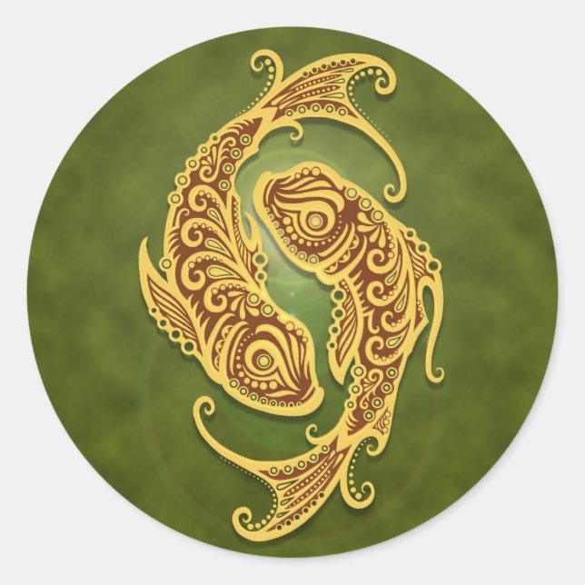 Intricate Green Tribal Pisces Classic Round Sticker (Front)