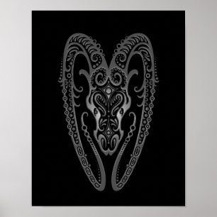 Intricate Grey Aries Zodiac on Black Poster