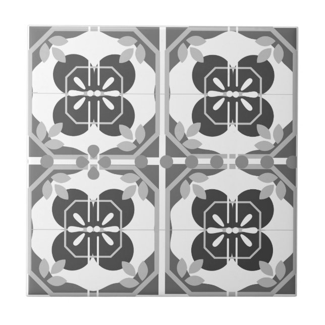 Intricate Grey Azulejos Style Neutral Ceramic Tile (Front)
