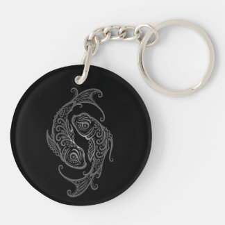 Intricate Grey Pisces Zodiac on Black Key Ring
