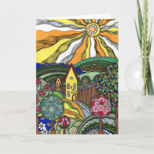 Intricate Hand-Drawn Whimsical Sunny Landscape Gre Card