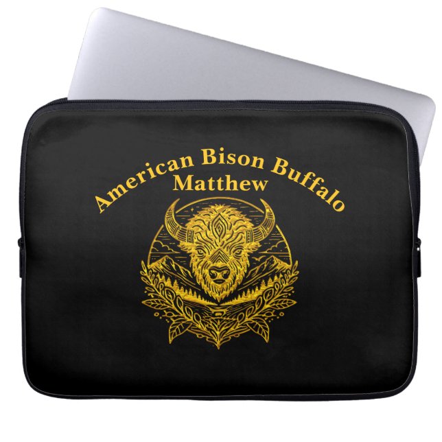 Intricate Illustration of a Gold Bison in Nature Laptop Sleeve (Front)