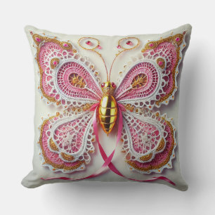 Intricate Lace Butterfly with Pink and Gold Cushion