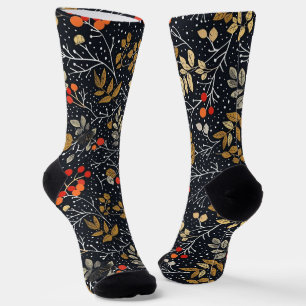 Intricate Leaf and Berry Pattern On Black Socks