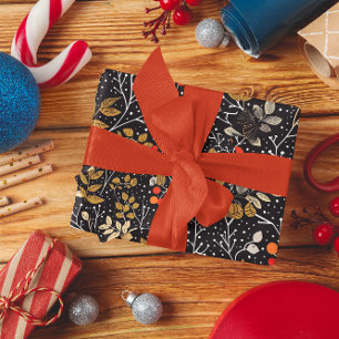 Intricate Leaf and Berry Pattern On Black Wrapping Paper