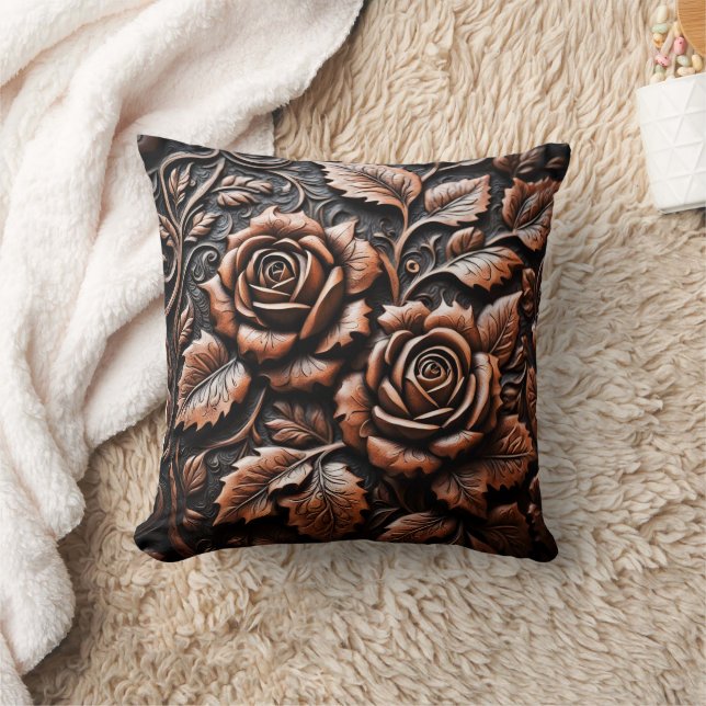 Intricate Leather Roses on Dark Background Cushion (Blanket)