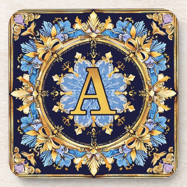 Intricate Letter A Design with Golden Borders Coaster (Front)