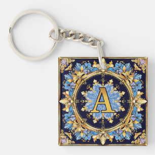 Intricate Letter A Design with Golden Borders Key Ring