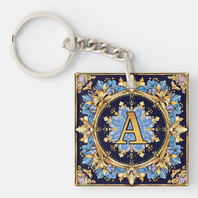 Intricate Letter A Design with Golden Borders Key Ring (Front)